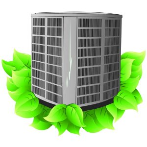 Illustration of an energy-efficient cooling unit surrounded by green leaves, symbolizing eco-friendly replacement.