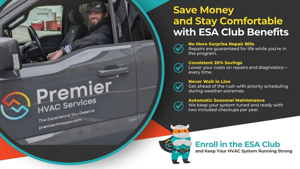 This is an image of a Premier HVAC Services tech in his truck. The headline reads; Save money and stay comfortable with ESA Club benefits.