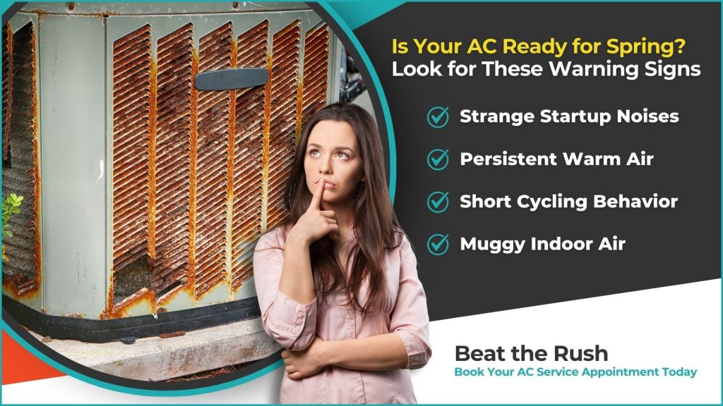 This is an image of an old AC unit and a woman standing in front of it wondering if there is something wrong with it. The headline reads is your AC ready for spring? Look for these warning signs.