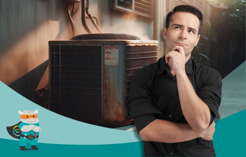 This is an image of an old AC unit with a main standing in front of it thinking if he should replace it.