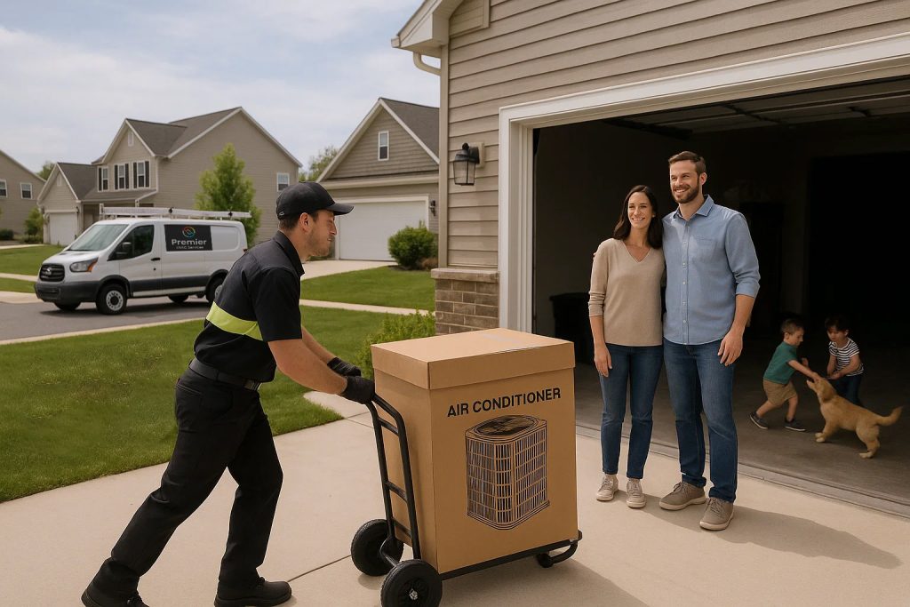 A Couple stand by their garage as an HVAC tech delivers a new AC unit.