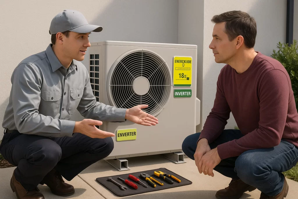 Technician explaining inverter heat pump efficiency outdoors with homeowner