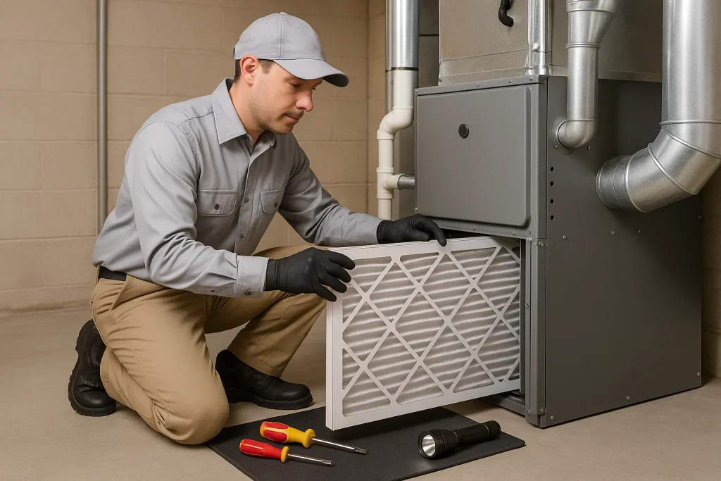 HVAC technician replaces furnace filter in residential basement to enhance IAQ