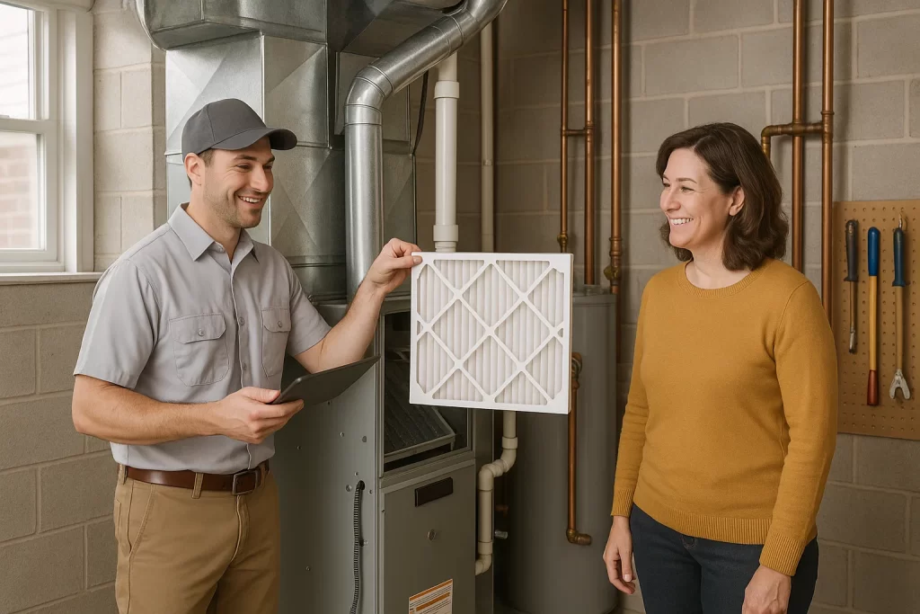 Homeowner with technician reviewing HVAC maintenance in utility room