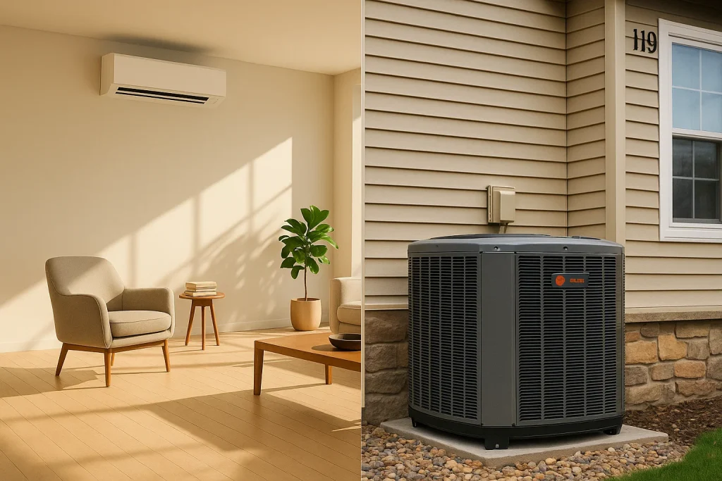 Split screen of a mini split air conditioner and AC condenser unit on the outside of the house