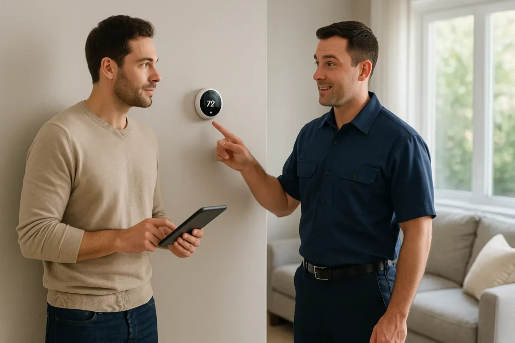 Technician demonstrates smart thermostat features to homeowner in modern living room
