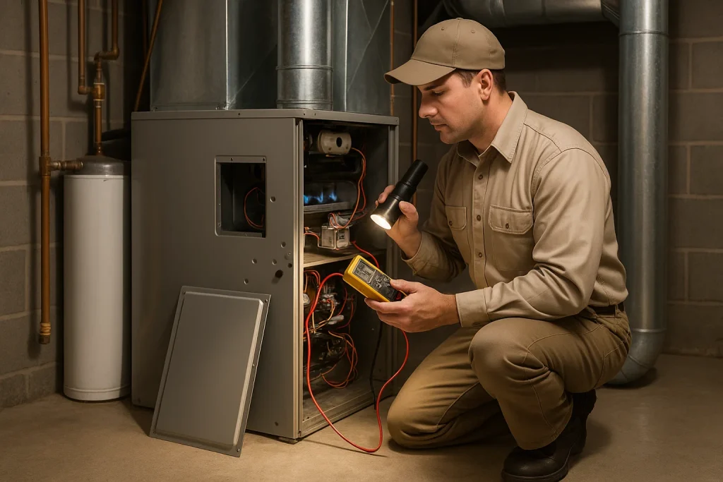 Technician tests furnace wiring with multimeter during professional HVAC tune-up