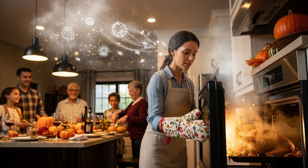 A mother in a kitchen, wearing oven mits, opens the oven to check on the turkey. It's Thanksgiving, and there is happy family helping. A cloud of light smoke, allergens, and particles is gathering near the ceiling