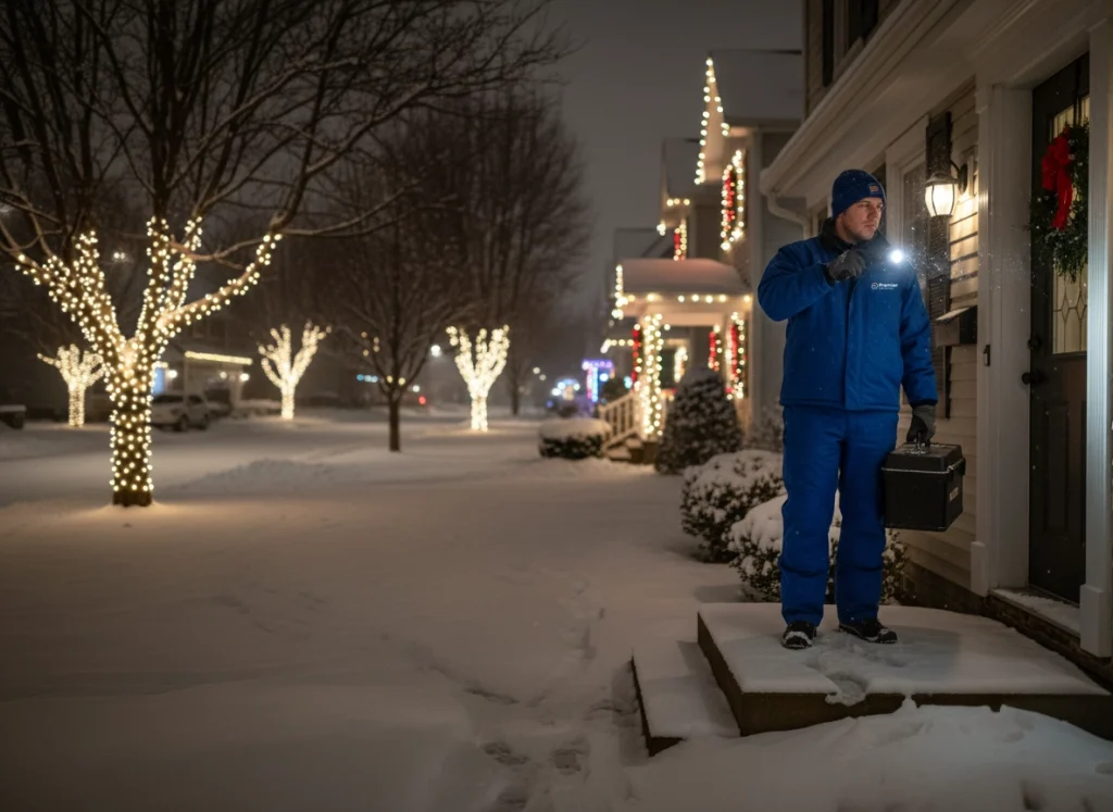 Premier HVAC technician arriving for holiday emergency furnace service on a snowy night.