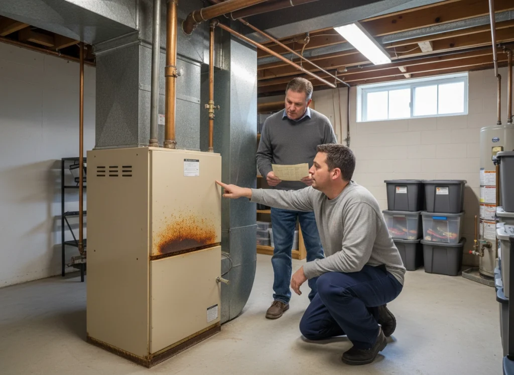 Technician inspecting aging furnace with visible rust in Pennsylvania basement utility area.