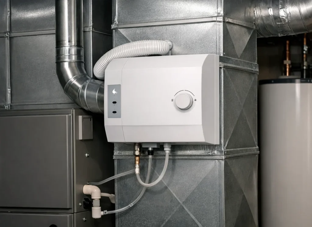 Whole-home humidifier installed on HVAC ductwork in clean utility room