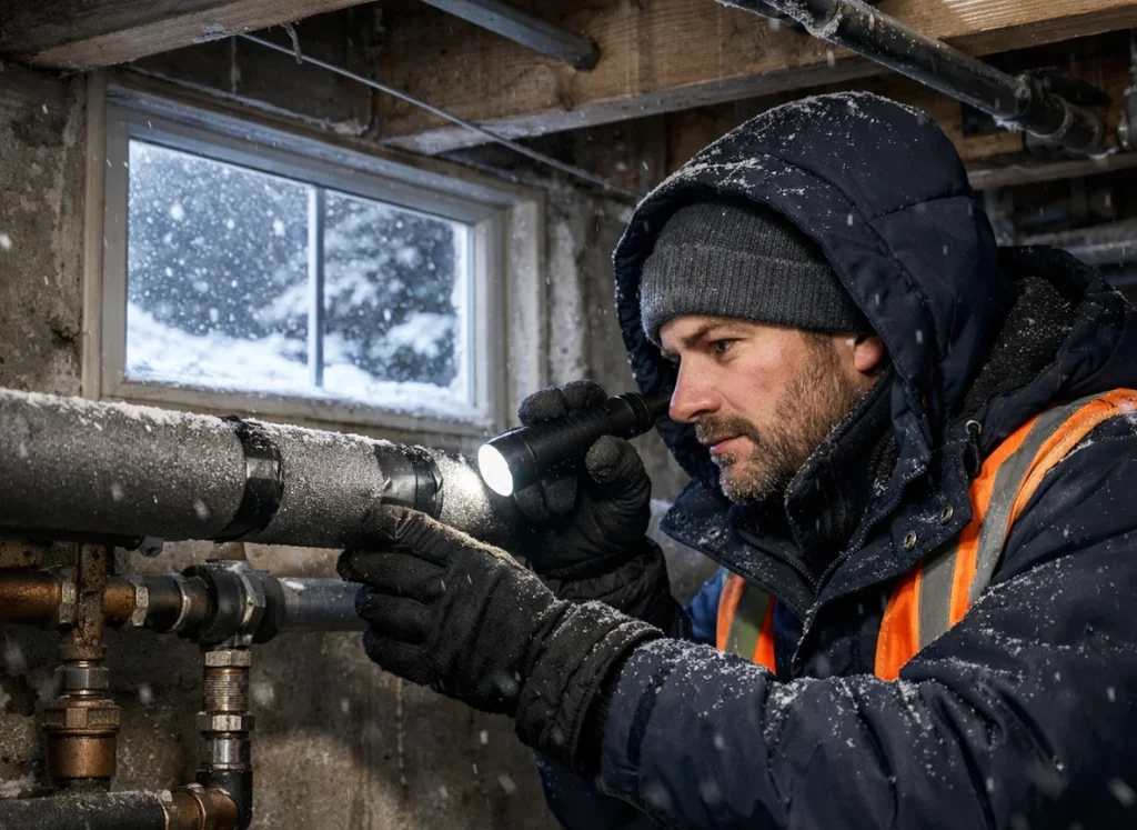 Plumber inspecting insulated basement pipe for leaks and corrosion during winter.