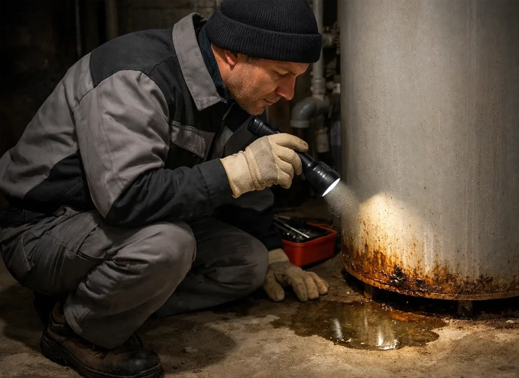 Technician inspects leaking water heater with rust and sediment buildup in basement