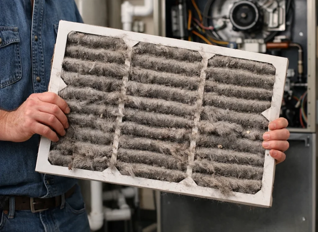 Dirty HVAC air filter clogged with dust and debris after winter use