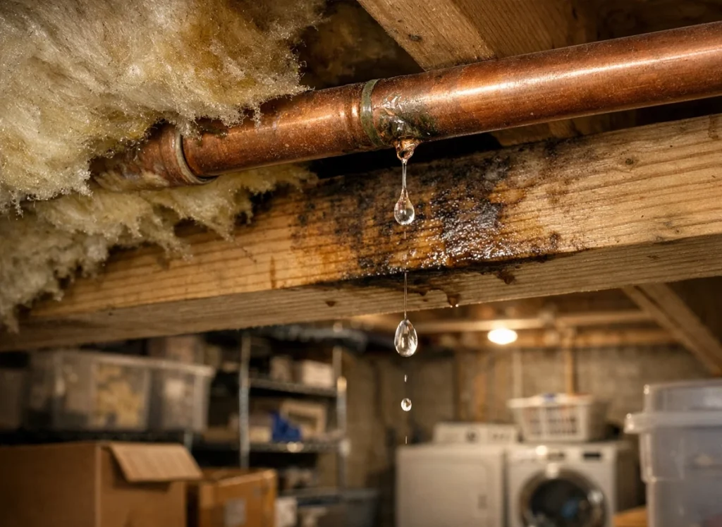 Slow plumbing pipe leak causing hidden water damage inside basement wall