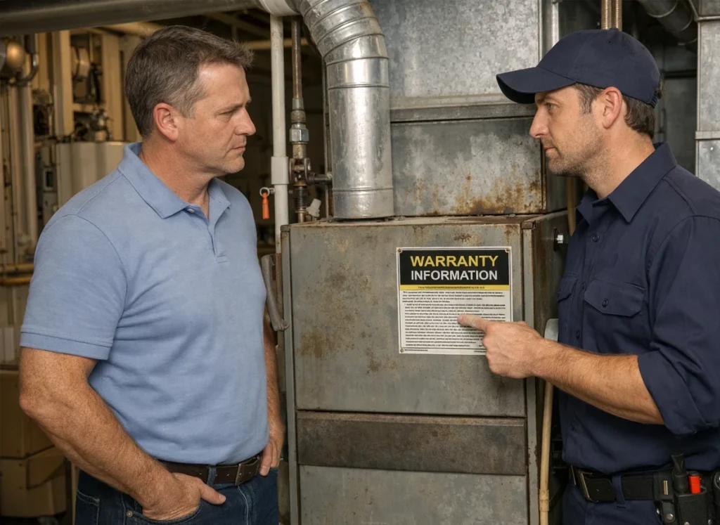 Homeowner and HVAC technician discussing furnace lifespan and replacement planning in south-central Pennsylvania