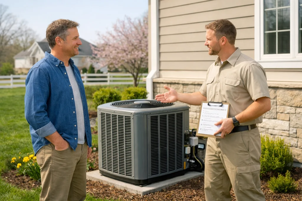 An HVAC technician and a homeowner discussing a maintenance on the side of his house.
