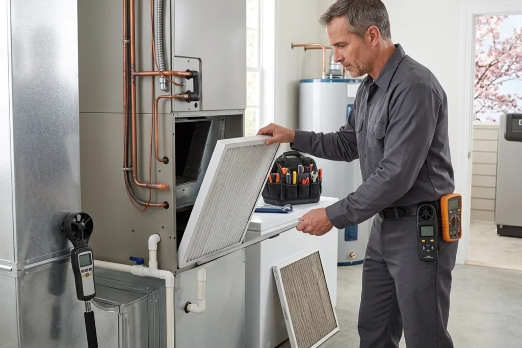 HVAC technician replacing air filter to improve spring indoor air quality