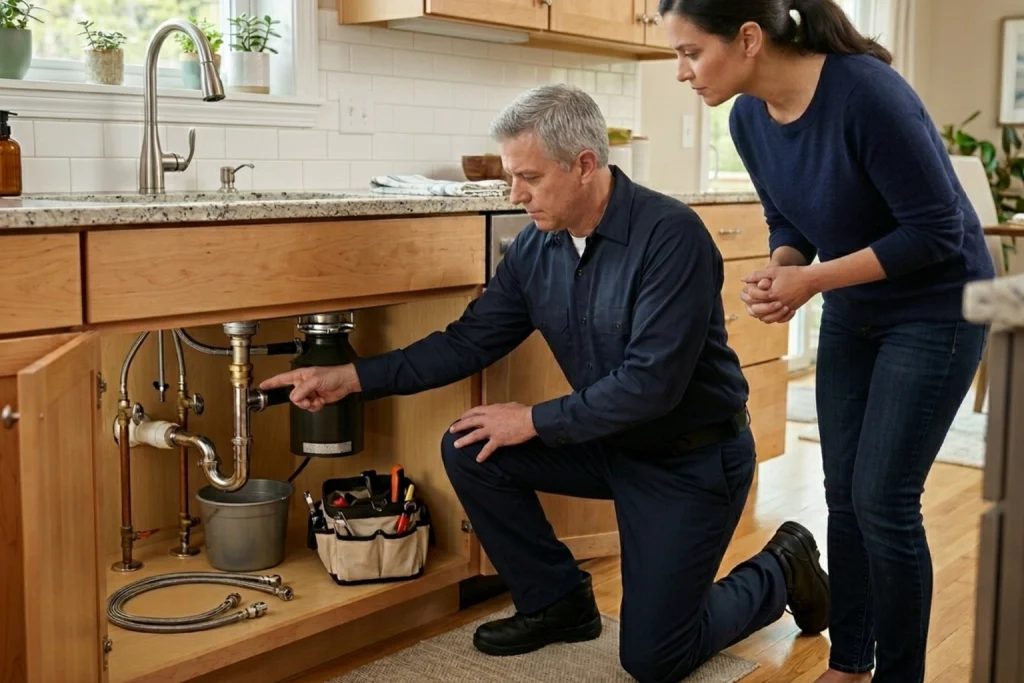 Homeowner checking for plumbing leaks with professional plumber
