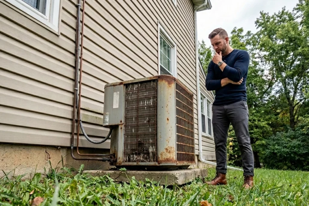 A homeowner contemplating replacing his older AC unit.