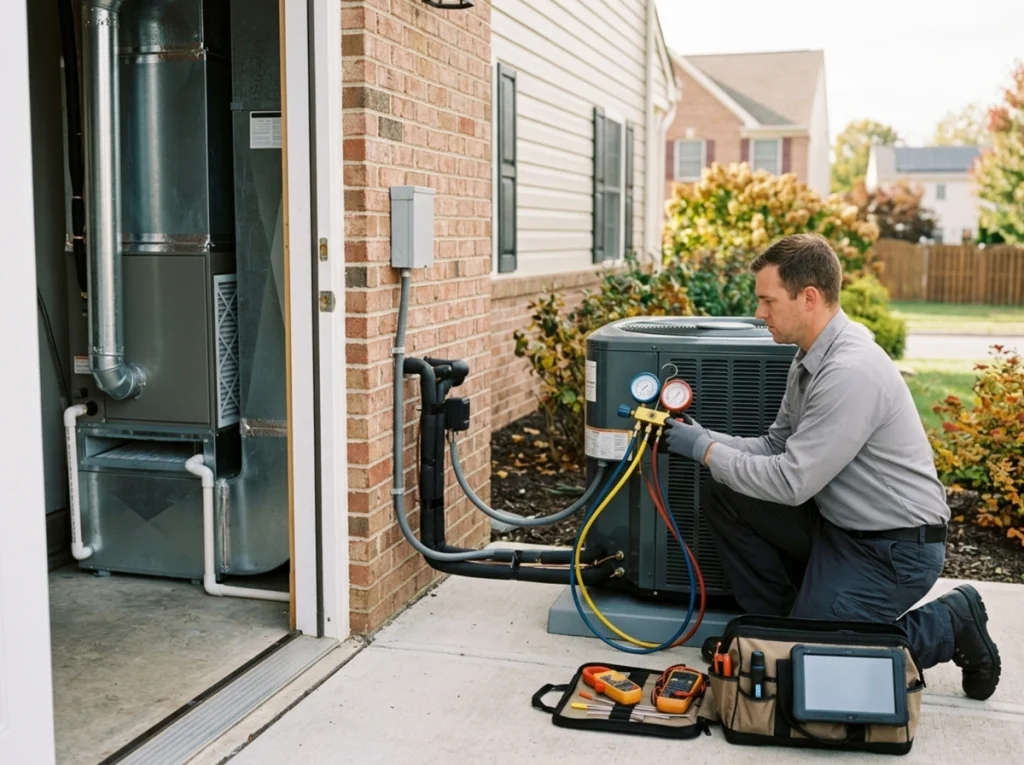 HVAC technician installing modern heat pump system