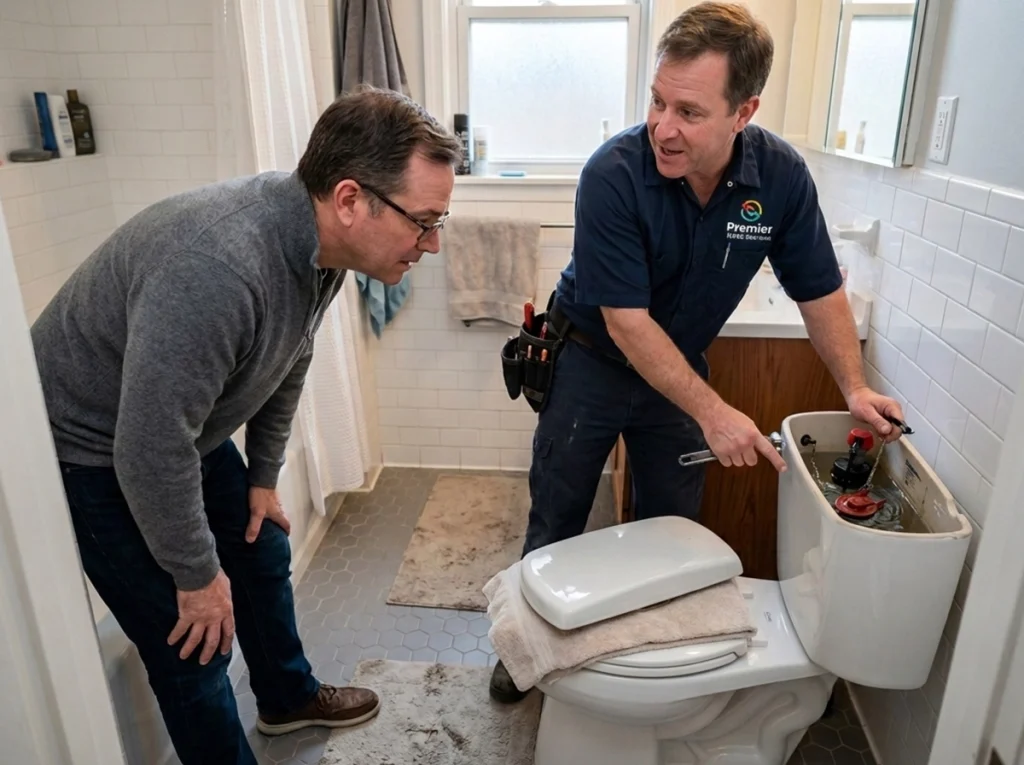 Plumber performing a repair of a running toilet tank.