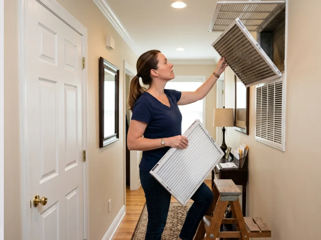 A homeowner replacing her air filters.
