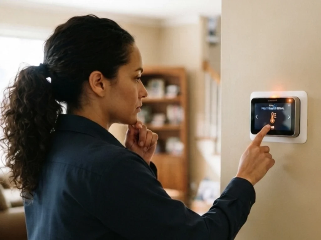 HVAC tech checking a smart thermostat.