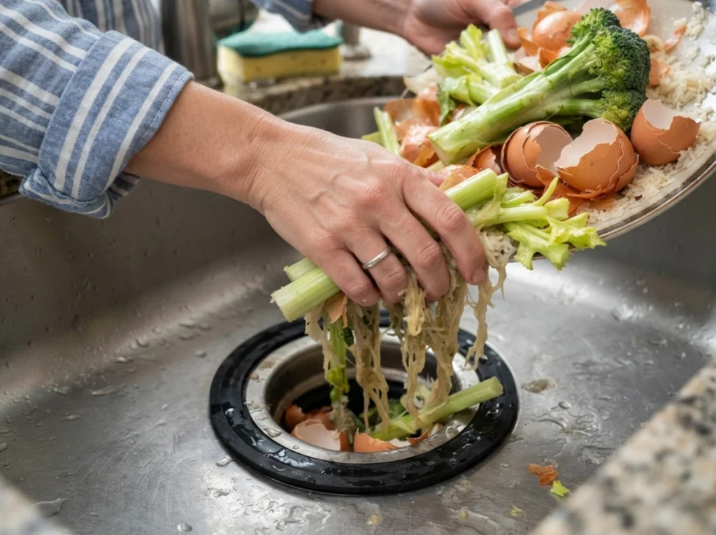 A homeowner putting the wrong things down a garbage disposal.