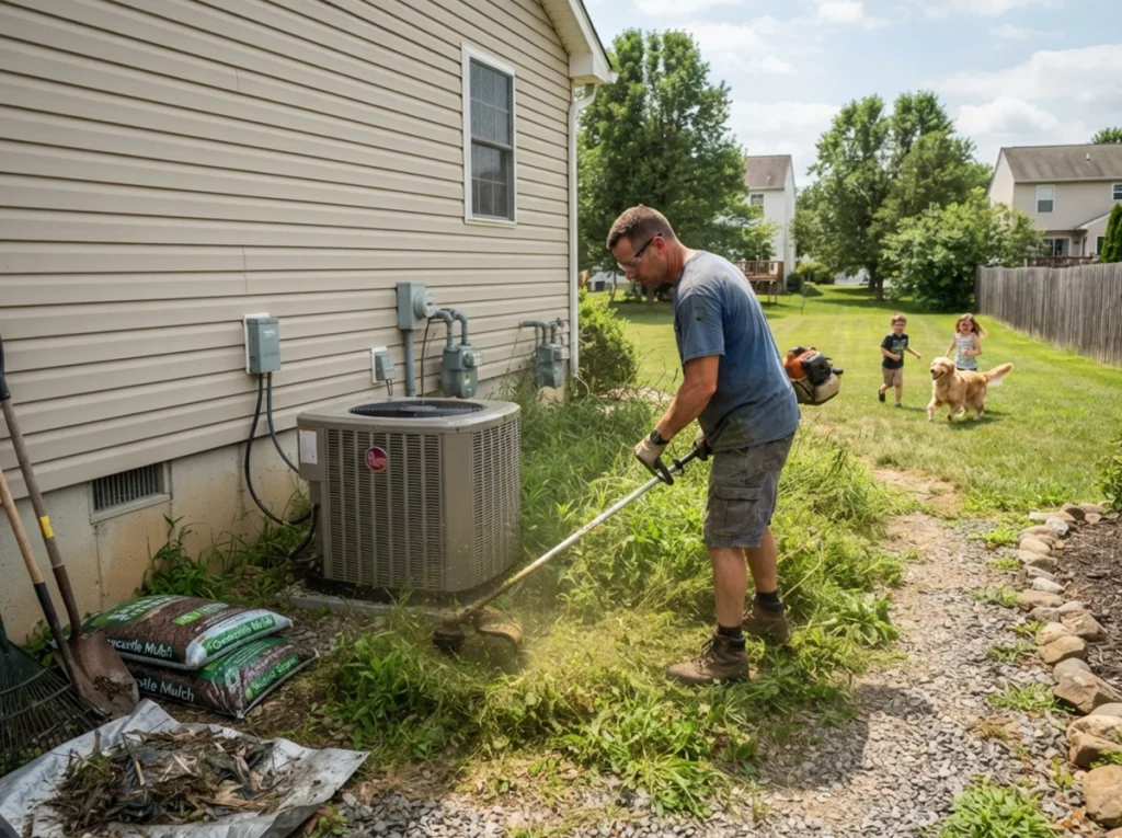 A homeowner cleaning up around his AC condenser unit on the side of the house before the fall.