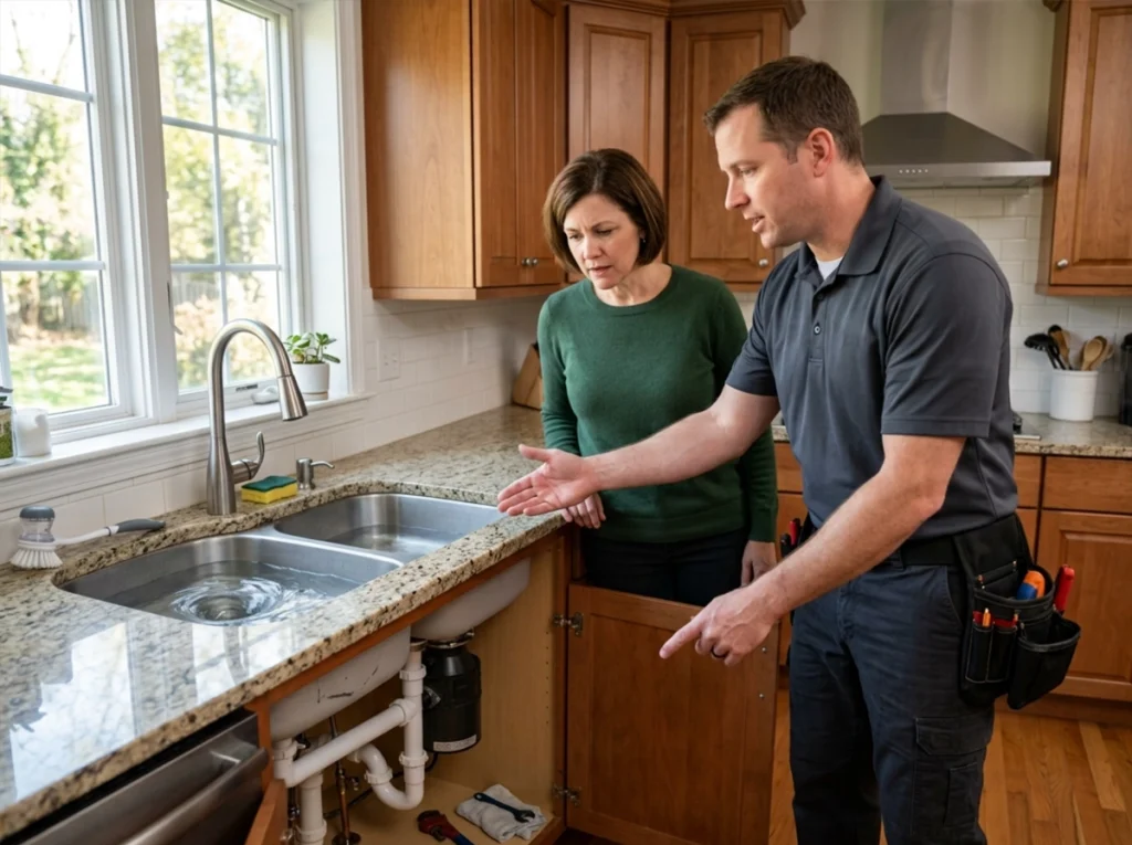 Homeowner discussing a slow kitchen drain with a professional plumber in Chambersburg PA