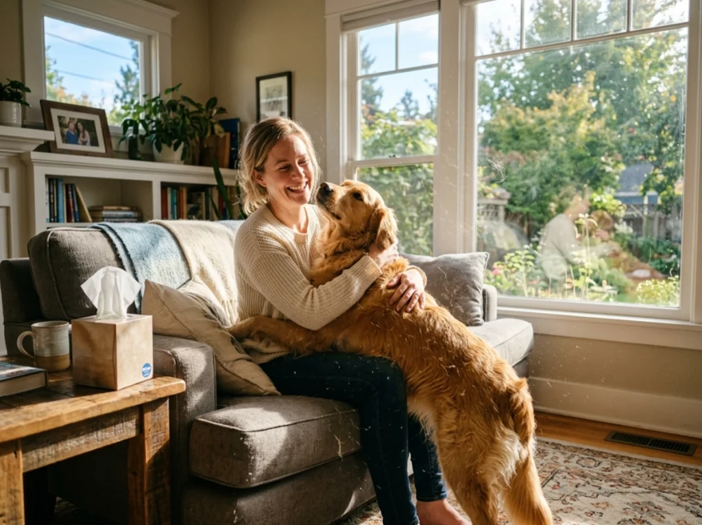 A woman embracing her dog while she sits on the couch and you can see the hair floating in the air.