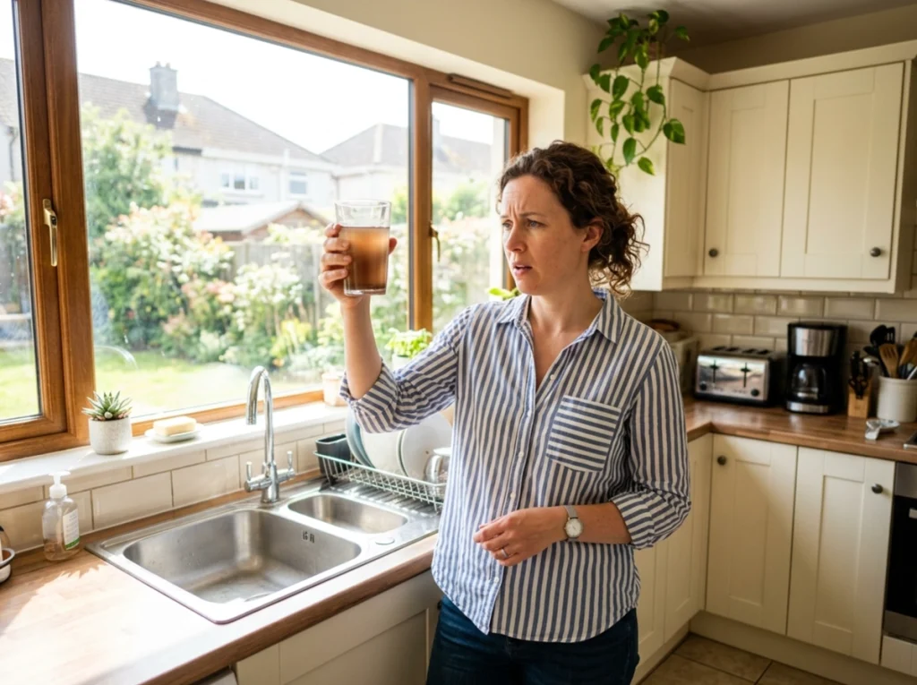 A woman holding up a glass of water that is brown from the water heater rust.