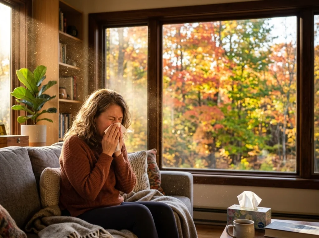 A homeowner sneezing on her couch due to the poor air quality during fall.